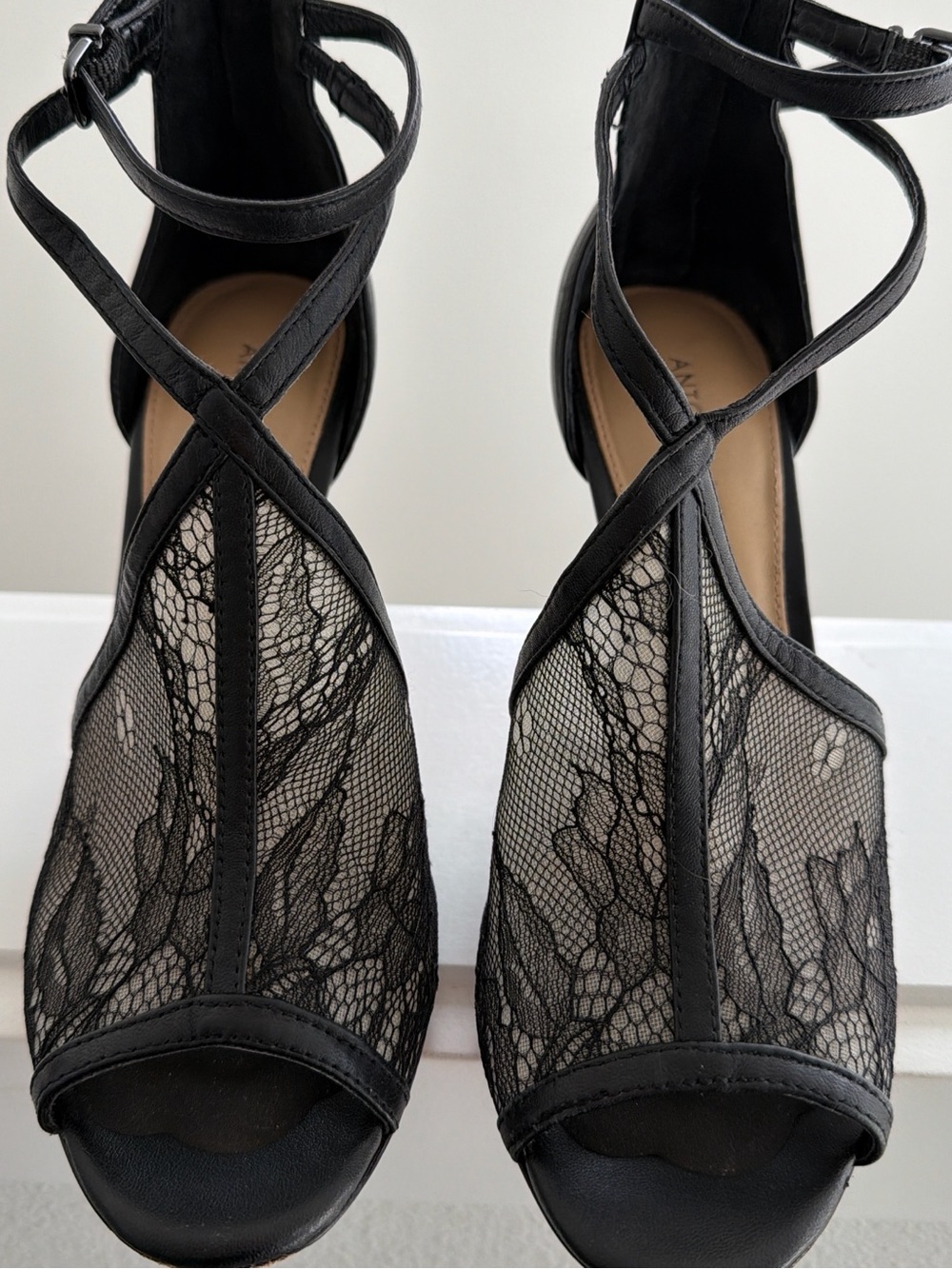 ANTONIO MELANI Black Lace Crisscross Peep-Toe Heels